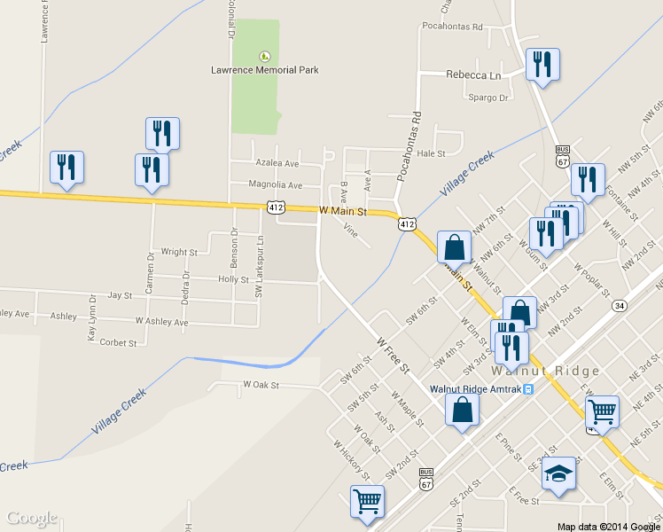 map of restaurants, bars, coffee shops, grocery stores, and more near 936 West Free Street in Walnut Ridge