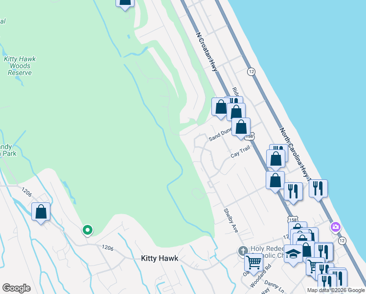 map of restaurants, bars, coffee shops, grocery stores, and more near 2606 Neptune Way in Kitty Hawk