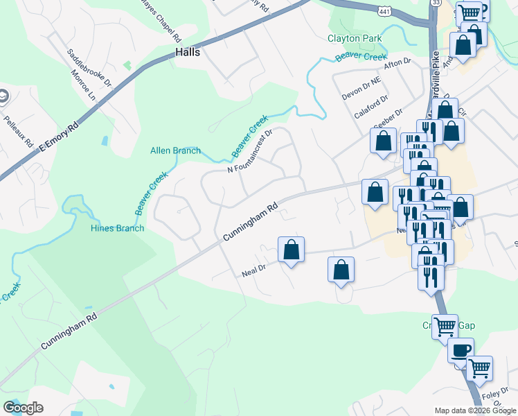 map of restaurants, bars, coffee shops, grocery stores, and more near 3533 Cunningham Road in Knoxville