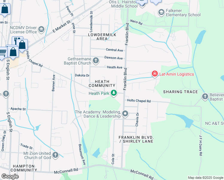 map of restaurants, bars, coffee shops, grocery stores, and more near 3804 Holts Chapel Road in Greensboro