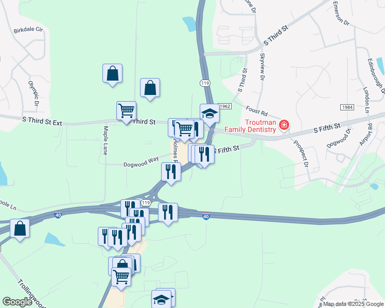 map of restaurants, bars, coffee shops, grocery stores, and more near 1242 South 5th Street in Mebane