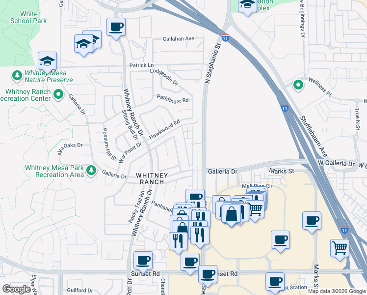 map of restaurants, bars, coffee shops, grocery stores, and more near 813 Long Branch Drive in Henderson