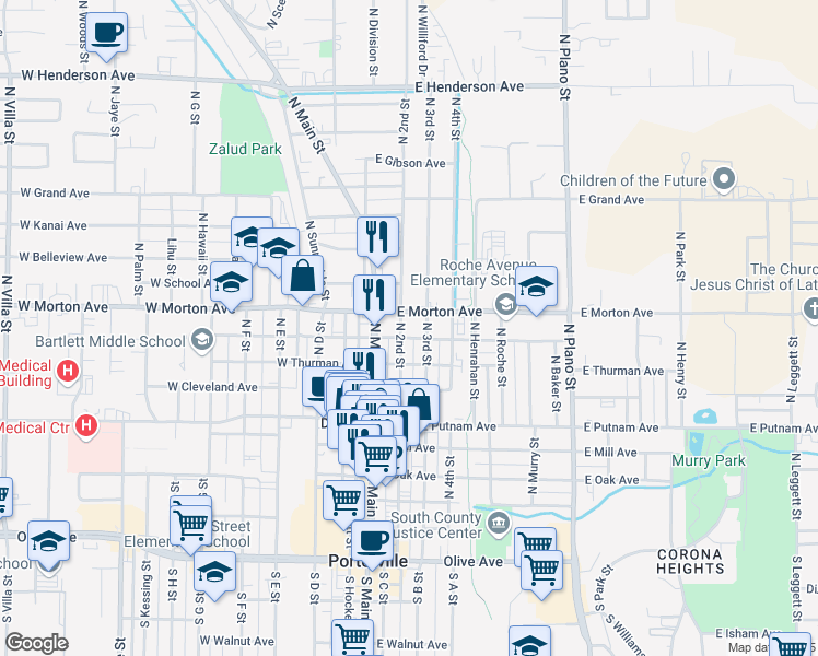 map of restaurants, bars, coffee shops, grocery stores, and more near 349 N 3rd St in Porterville