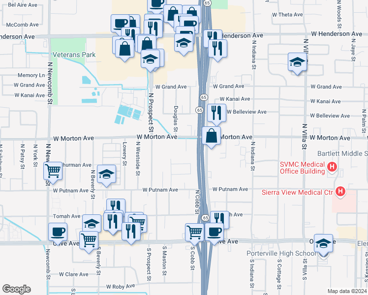 map of restaurants, bars, coffee shops, grocery stores, and more near 333 North Capitola Court in Porterville