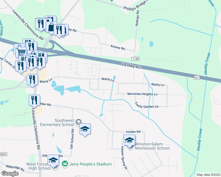 map of restaurants, bars, coffee shops, grocery stores, and more near 5565 Moravian Heights Lane in Clemmons