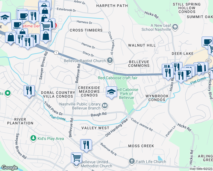 map of restaurants, bars, coffee shops, grocery stores, and more near 655A Colice Jeanne Road in Nashville