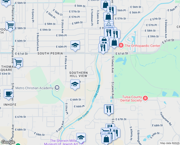 map of restaurants, bars, coffee shops, grocery stores, and more near 6246 South Yorktown Place in Tulsa