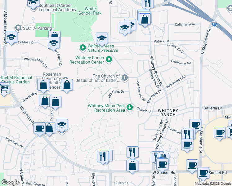 map of restaurants, bars, coffee shops, grocery stores, and more near 917 Alta Oaks Drive in Henderson