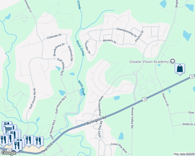 map of restaurants, bars, coffee shops, grocery stores, and more near 740 Breeders Cup Drive in Whitsett