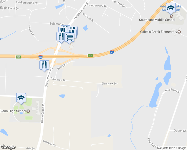 map of restaurants, bars, coffee shops, grocery stores, and more near 1137 Glennview Drive in Kernersville