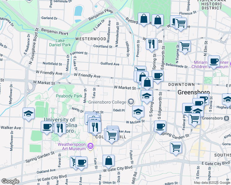 map of restaurants, bars, coffee shops, grocery stores, and more near 103 South Mendenhall Street in Greensboro