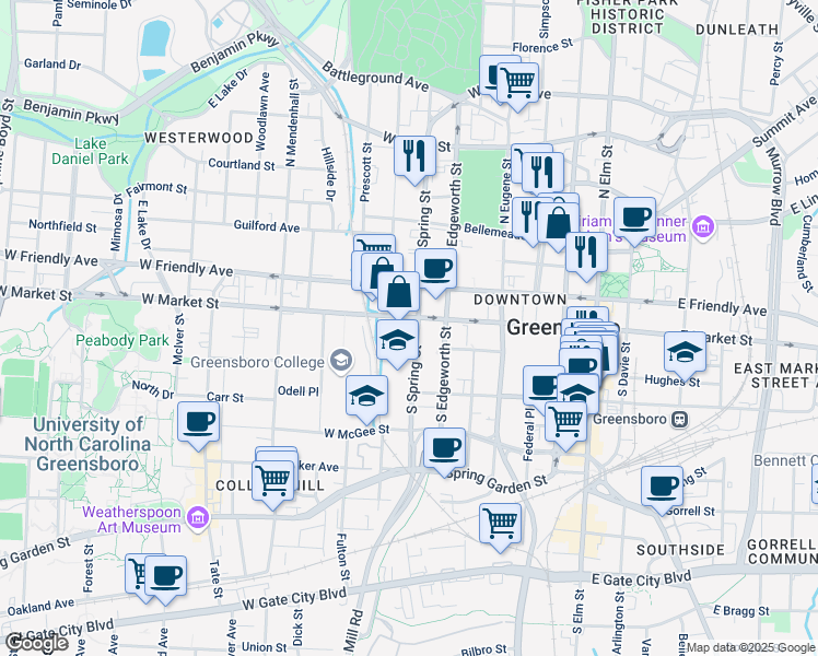 map of restaurants, bars, coffee shops, grocery stores, and more near 517 West Market Street in Greensboro