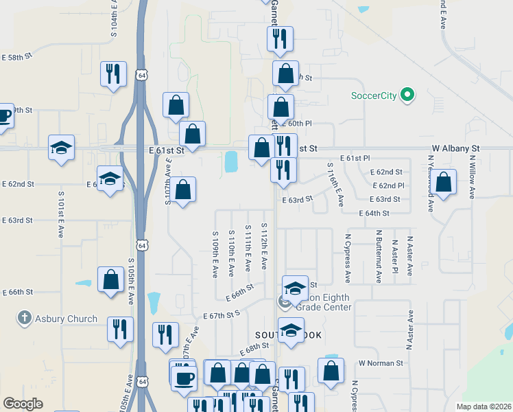 map of restaurants, bars, coffee shops, grocery stores, and more near 6301 South Garnett Road in Broken Arrow