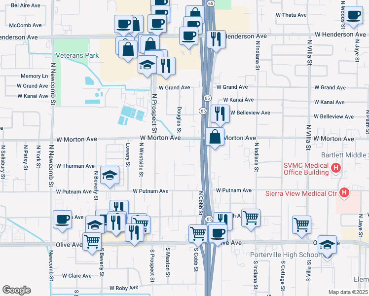 map of restaurants, bars, coffee shops, grocery stores, and more near 351 North Capitola Court in Porterville