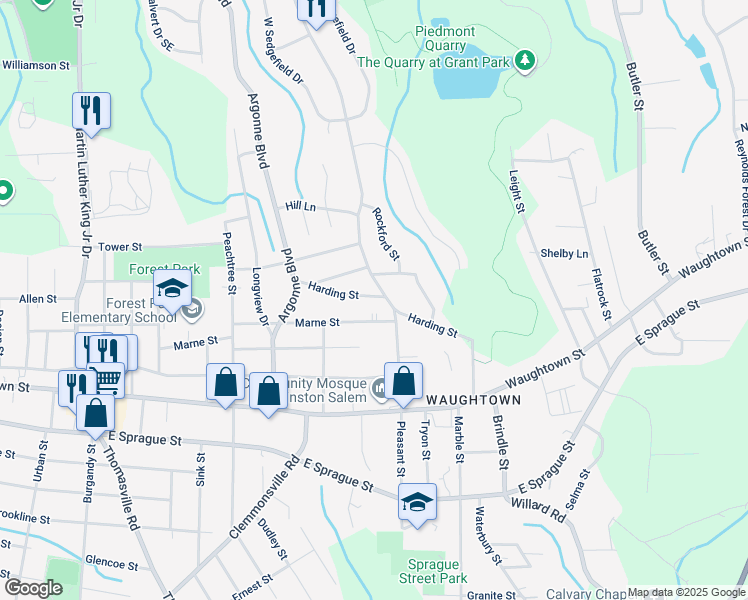 map of restaurants, bars, coffee shops, grocery stores, and more near 1466 Harding Street in Winston-Salem