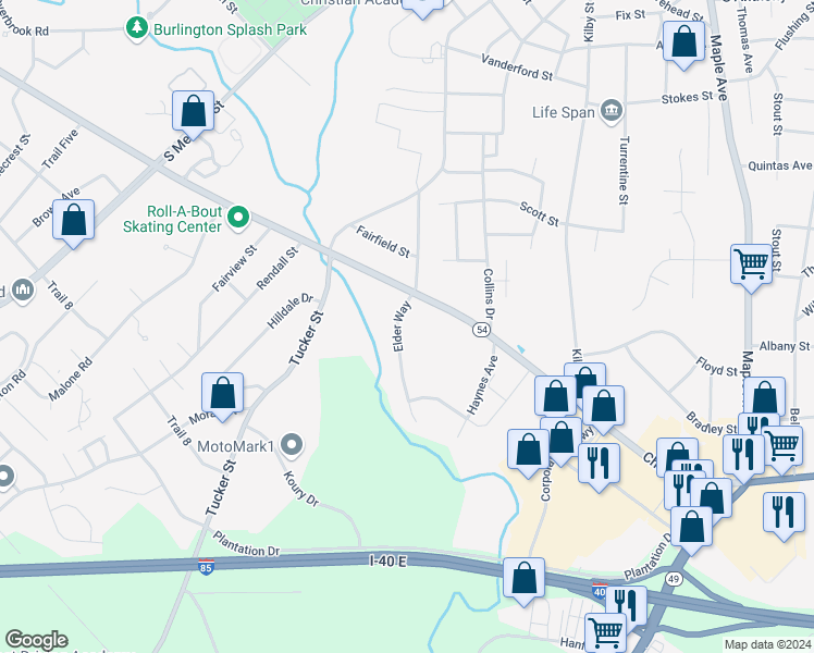 map of restaurants, bars, coffee shops, grocery stores, and more near 1608 Elder Way in Burlington