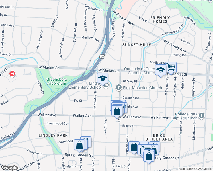 map of restaurants, bars, coffee shops, grocery stores, and more near 2700 Camden Road in Greensboro