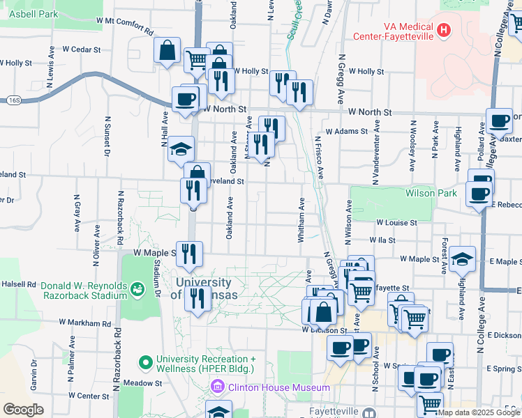 map of restaurants, bars, coffee shops, grocery stores, and more near 621 North Leverett Avenue in Fayetteville