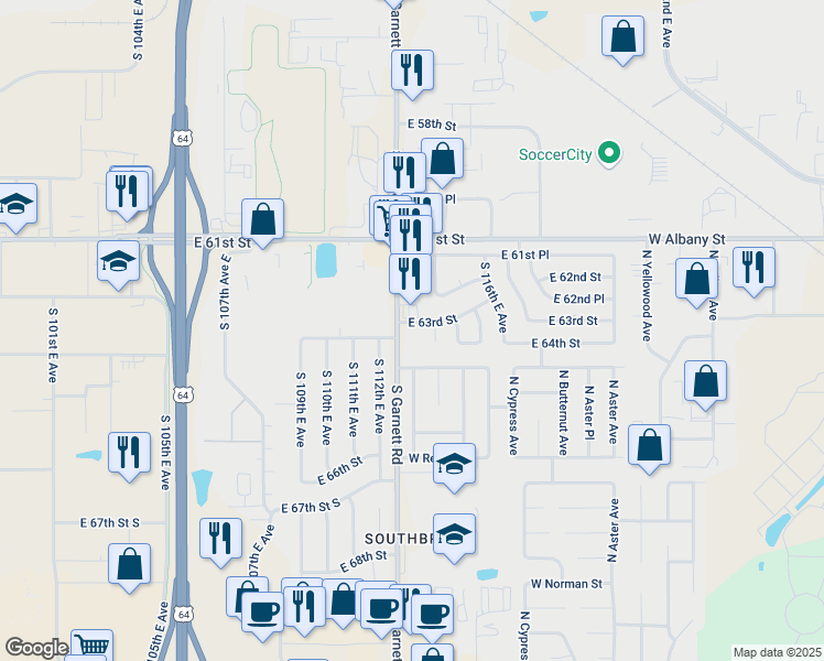 map of restaurants, bars, coffee shops, grocery stores, and more near 6301 South Garnett Road in Broken Arrow