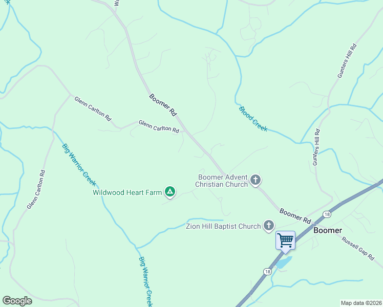 map of restaurants, bars, coffee shops, grocery stores, and more near 2102 Boomer Road in Boomer