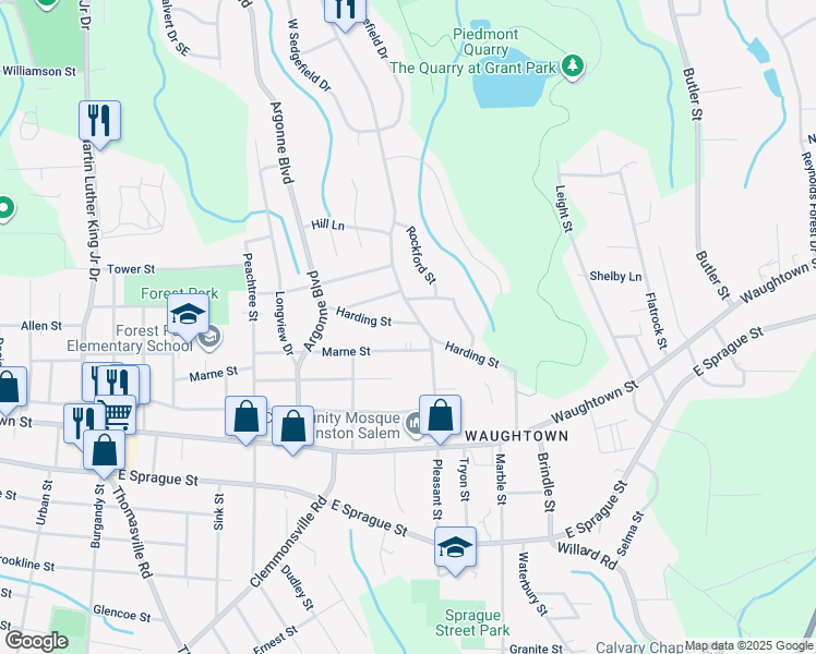 map of restaurants, bars, coffee shops, grocery stores, and more near 1466 Harding Street in Winston-Salem