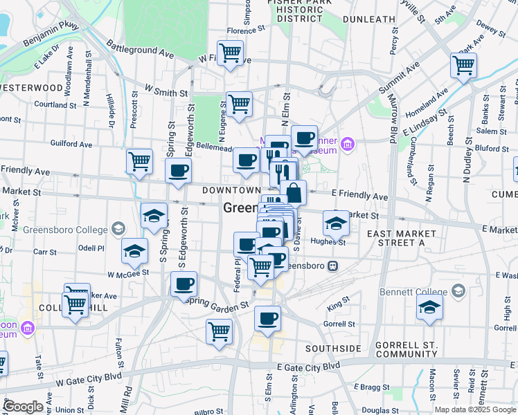 map of restaurants, bars, coffee shops, grocery stores, and more near in Greensboro