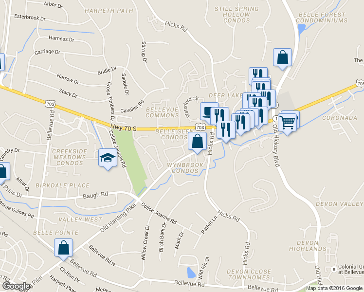 map of restaurants, bars, coffee shops, grocery stores, and more near 7245 U.S. 70S in Nashville