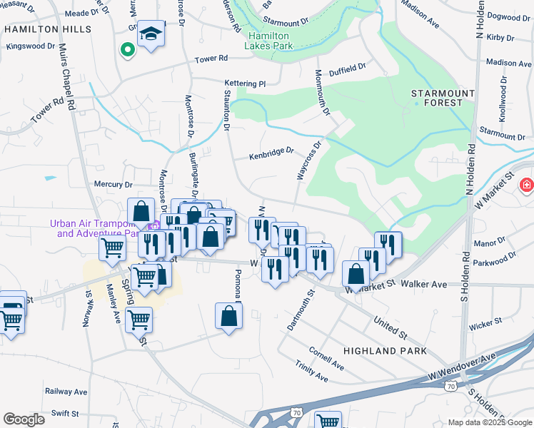 map of restaurants, bars, coffee shops, grocery stores, and more near 206 North Westgate Drive in Greensboro