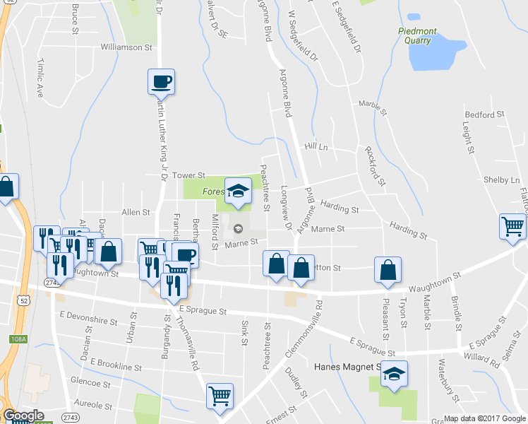 map of restaurants, bars, coffee shops, grocery stores, and more near 1728 Peachtree Street in Winston-Salem