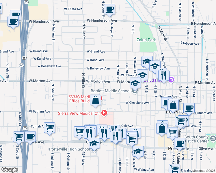 map of restaurants, bars, coffee shops, grocery stores, and more near 333 North Conley Street in Porterville