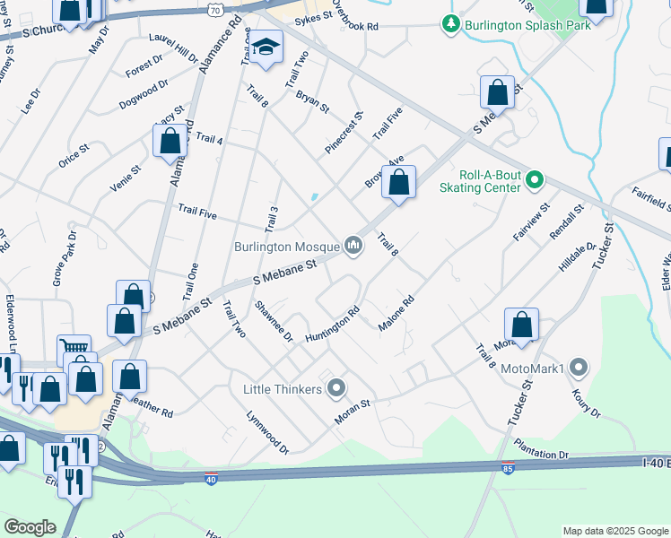 map of restaurants, bars, coffee shops, grocery stores, and more near 2004 South Mebane Street in Burlington