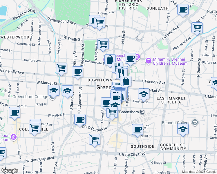 map of restaurants, bars, coffee shops, grocery stores, and more near 488 Gallimore Dairy Road in Greensboro