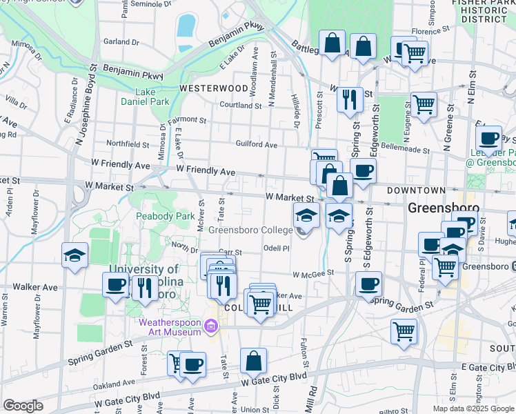 map of restaurants, bars, coffee shops, grocery stores, and more near 120 South Mendenhall Street in Greensboro