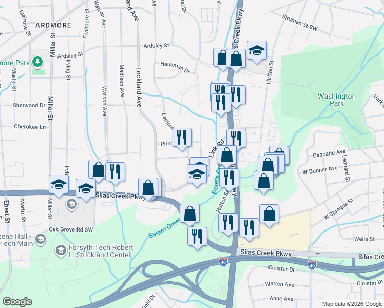 map of restaurants, bars, coffee shops, grocery stores, and more near 1400 Leheigh Court in Winston-Salem