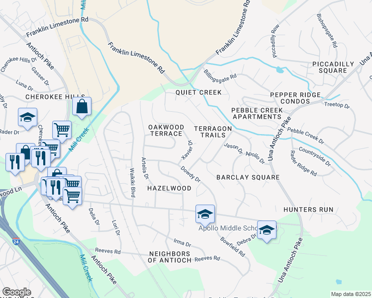 map of restaurants, bars, coffee shops, grocery stores, and more near 4608 Xavier Drive in Nashville