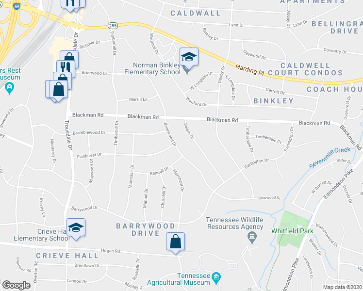 map of restaurants, bars, coffee shops, grocery stores, and more near 4921 Briarwood Drive in Nashville