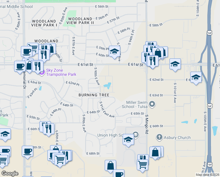 map of restaurants, bars, coffee shops, grocery stores, and more near 6333 South 91st East Avenue in Tulsa