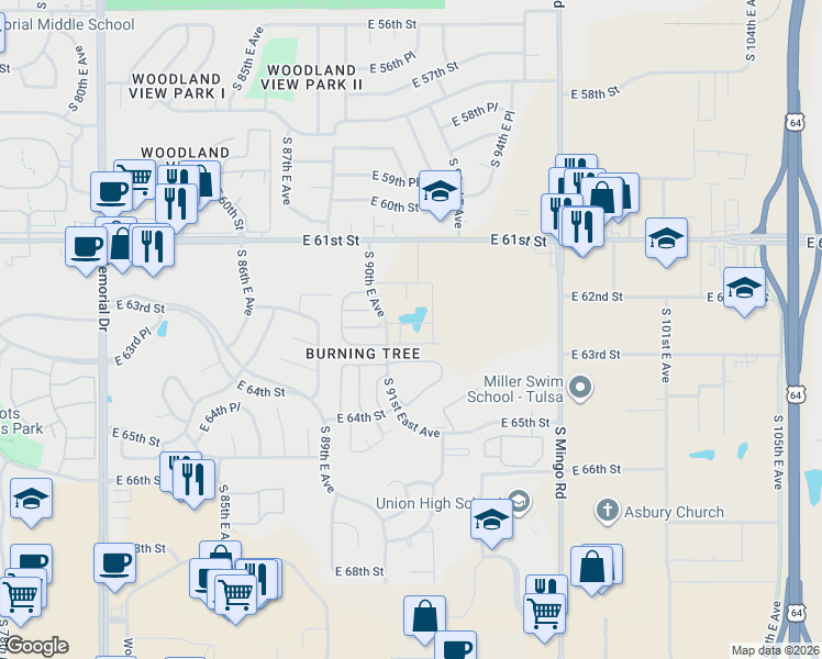 map of restaurants, bars, coffee shops, grocery stores, and more near 6333 South 91st East Avenue in Tulsa
