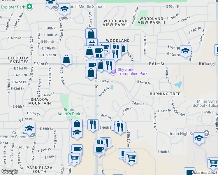 map of restaurants, bars, coffee shops, grocery stores, and more near 8231 East 63rd Place in Tulsa