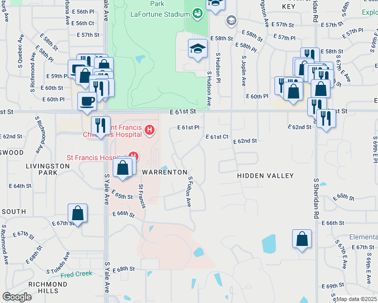 map of restaurants, bars, coffee shops, grocery stores, and more near 6234 South Hudson Avenue in Tulsa
