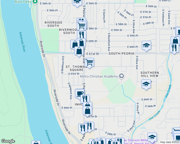 map of restaurants, bars, coffee shops, grocery stores, and more near 6315 South Peoria Avenue in Tulsa