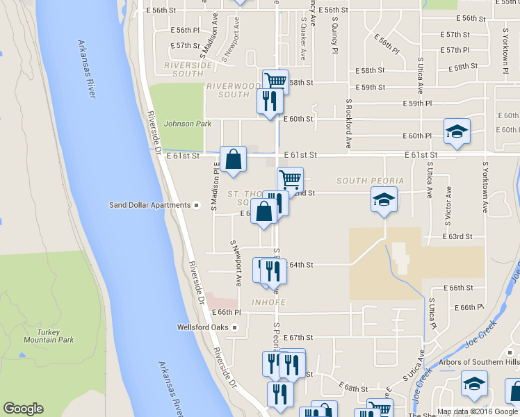 map of restaurants, bars, coffee shops, grocery stores, and more near in Tulsa