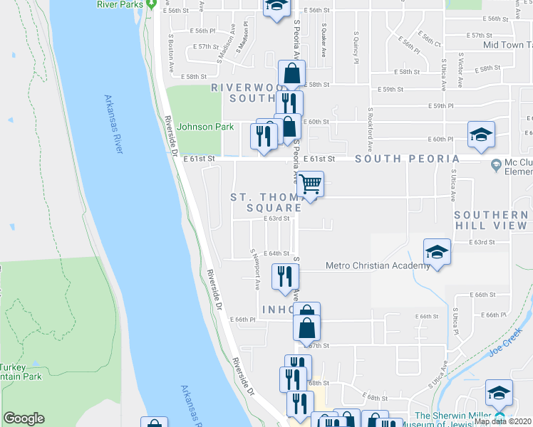 map of restaurants, bars, coffee shops, grocery stores, and more near in Tulsa