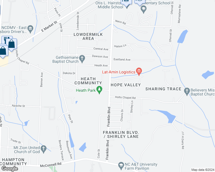 map of restaurants, bars, coffee shops, grocery stores, and more near 520 Franklin Boulevard in Greensboro