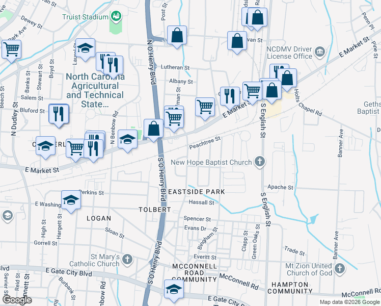 map of restaurants, bars, coffee shops, grocery stores, and more near 221 Gillespie Street in Greensboro