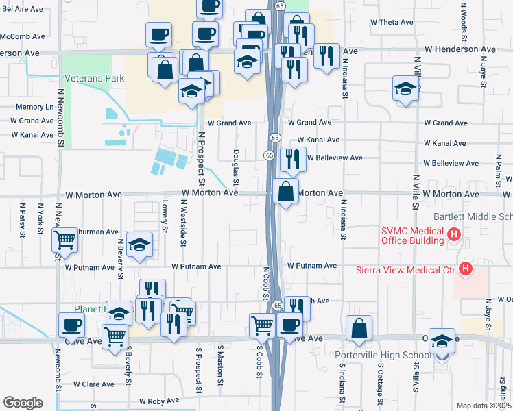 map of restaurants, bars, coffee shops, grocery stores, and more near 350 North Capitola Court in Porterville