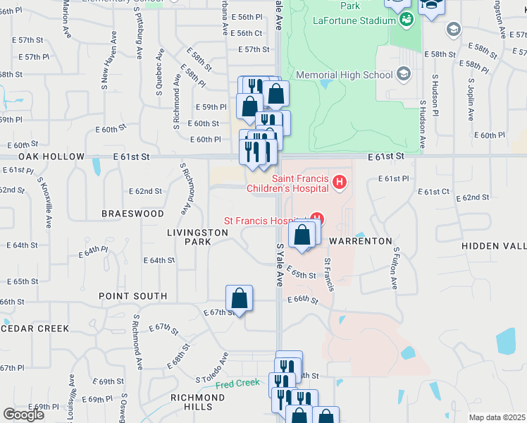 map of restaurants, bars, coffee shops, grocery stores, and more near 6100 South Yale Avenue in Tulsa