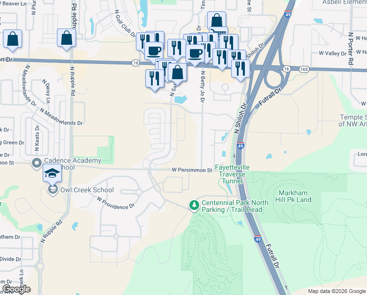 map of restaurants, bars, coffee shops, grocery stores, and more near 545 N Betty Jo Dr in Fayetteville