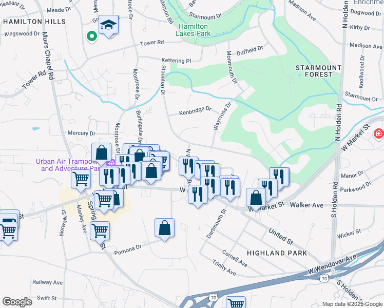 map of restaurants, bars, coffee shops, grocery stores, and more near 206 North Westgate Drive in Greensboro