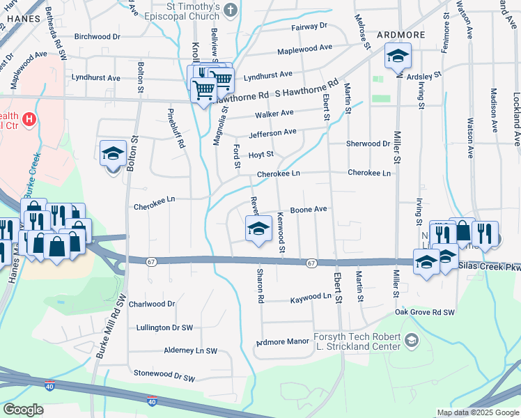map of restaurants, bars, coffee shops, grocery stores, and more near 1331 Revere Road in Winston-Salem